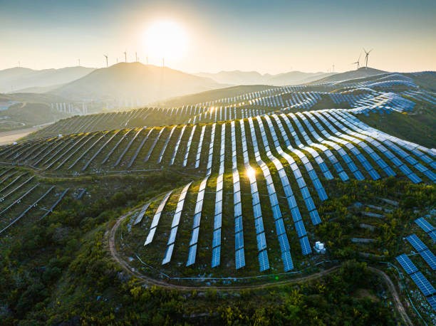 Aerial View Of Solar Panels In Mountain